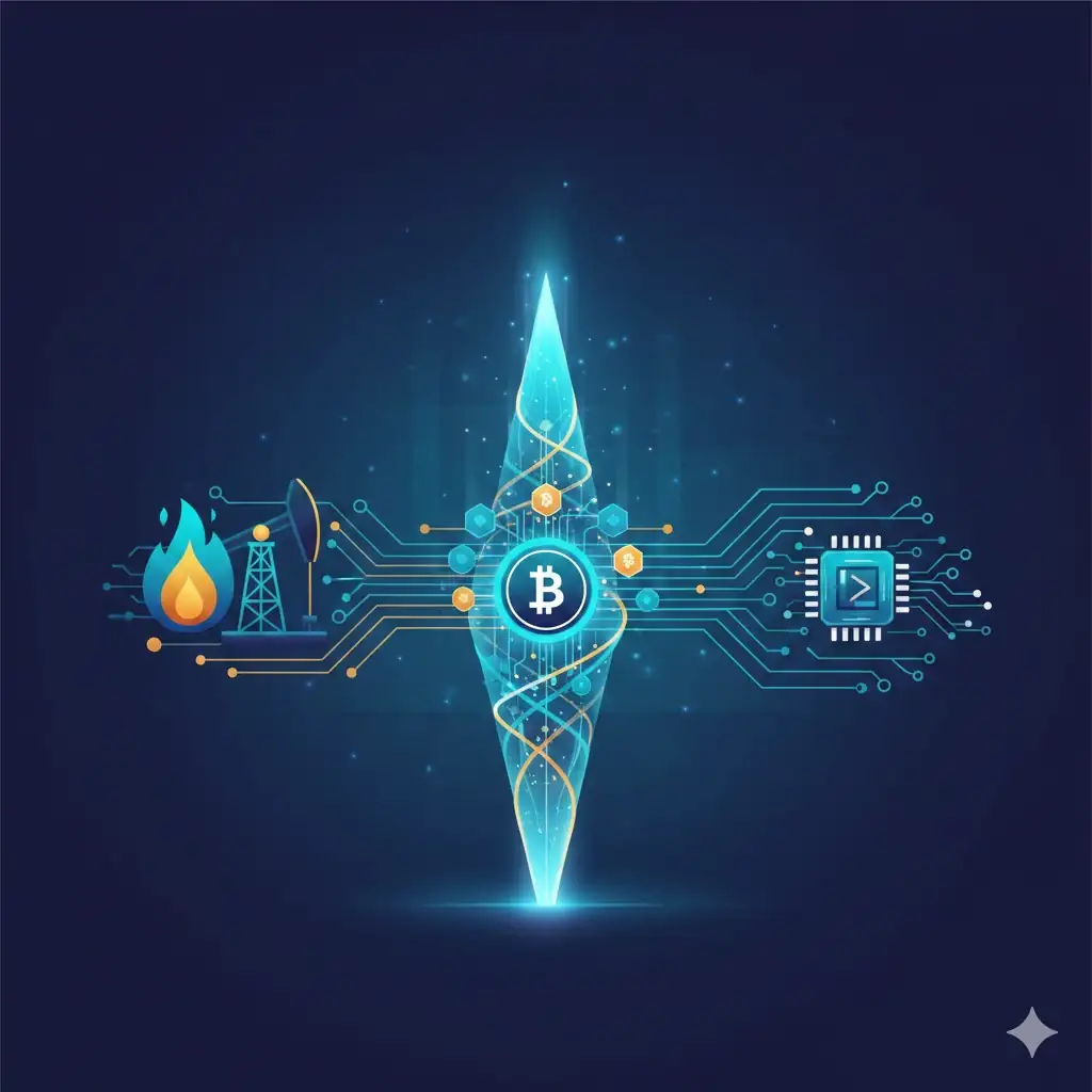A conceptual header image showing the convergence of energy, cryptocurrency, and AI technology into a unified upward growth trajectory.