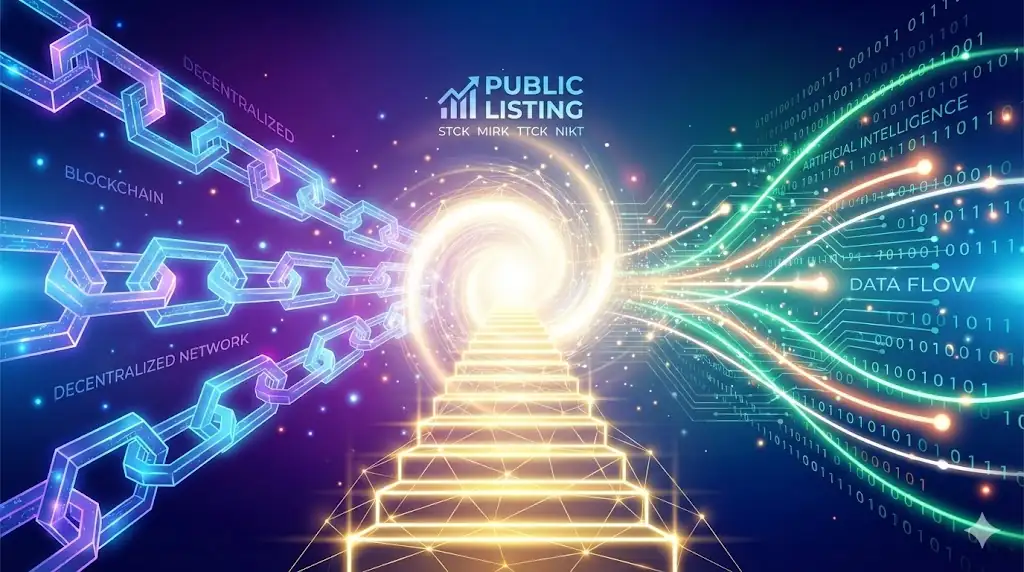 Conceptual header image showing the convergence of blockchain, AI, and public market trends.