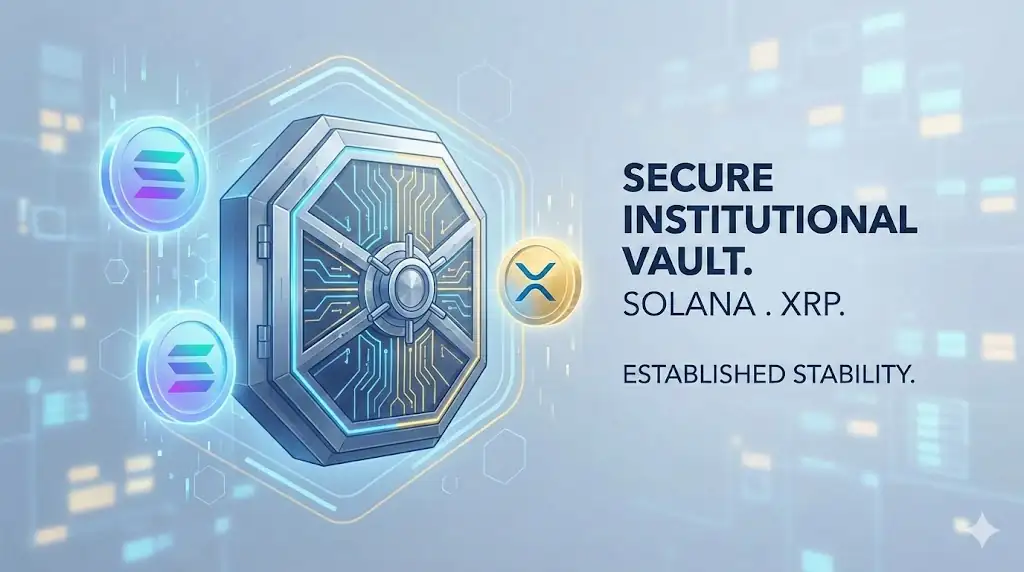 A sleek digital representation of a secure financial hub where digital assets like Solana and XRP meet institutional-grade vaulting.
