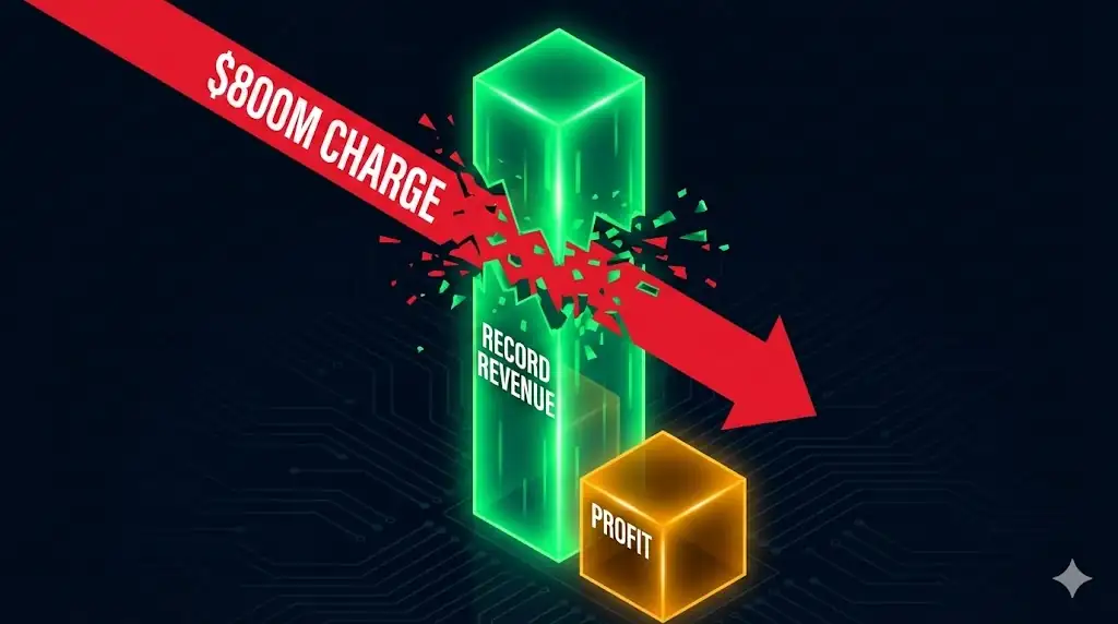 A conceptual bar chart illustrating a large revenue column being impacted by a significant charge, leading to a much smaller profit column.