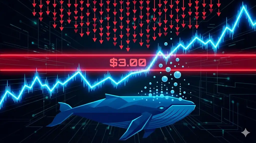 A stylized chart showing a price line at a key resistance level, with bearish pressure above and a large whale accumulating below.