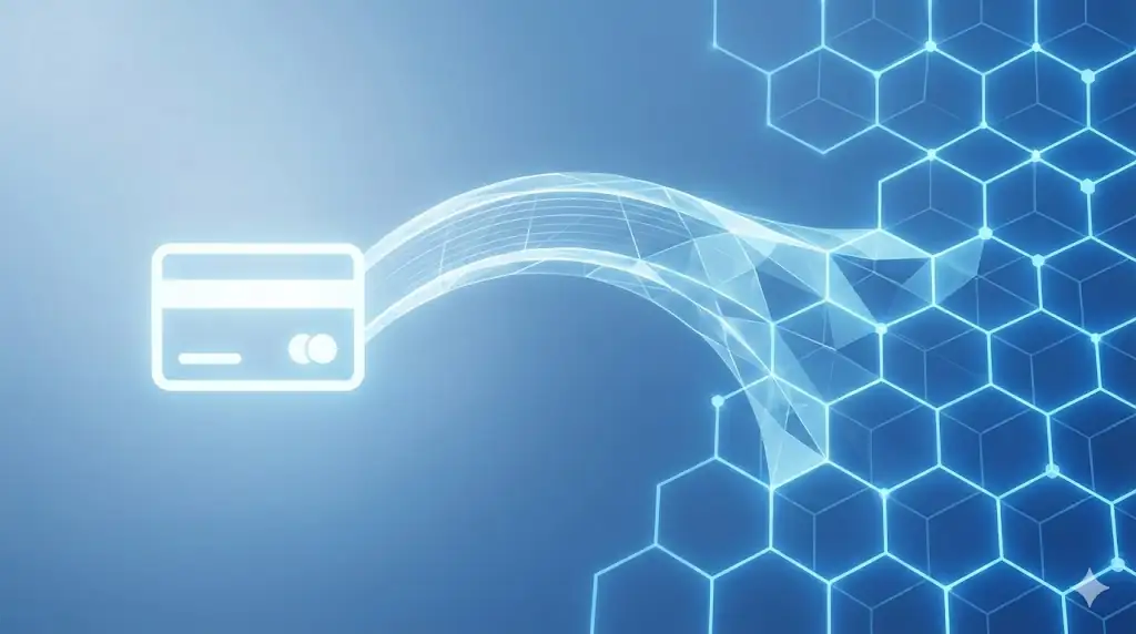 A professional digital illustration showing the integration of traditional Visa infrastructure with modern blockchain technology through a glowing blue bridge.