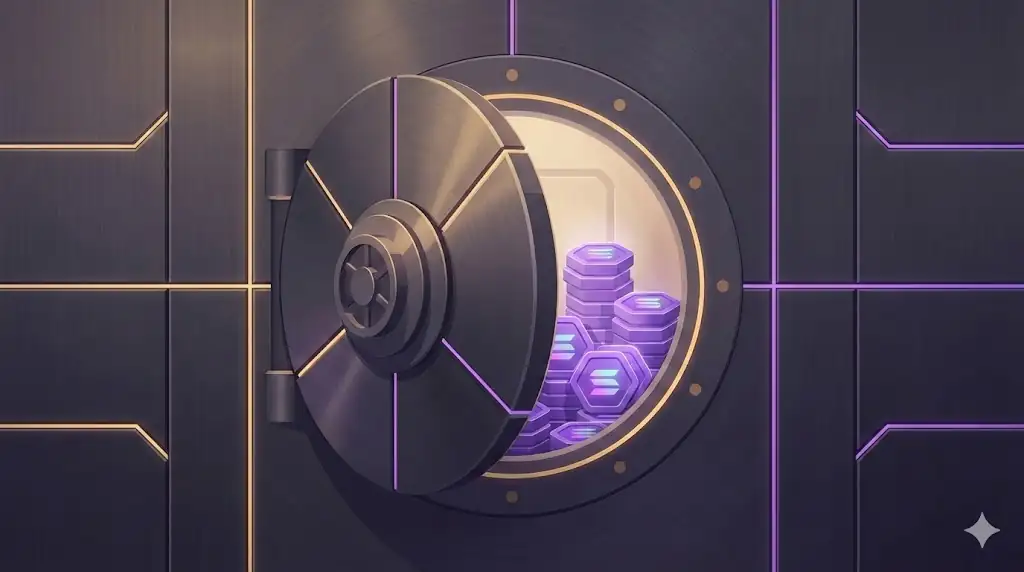 An illustration of a modern digital vault with the Solana logo, featuring stacks of glowing tokens to symbolize institutional accumulation and security.