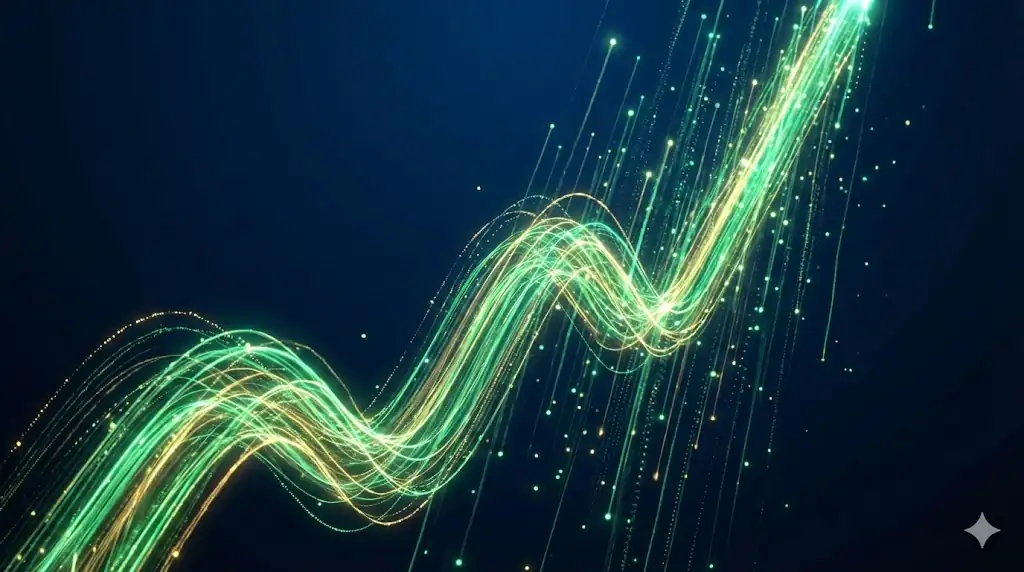 A dynamic and glowing abstract visualization representing bullish market momentum and upward financial trends.