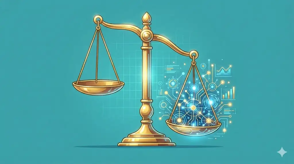 A stylized illustration of scales of justice tipping favorably, integrated with abstract blockchain elements, symbolizing regulatory clarity and restored market confidence.