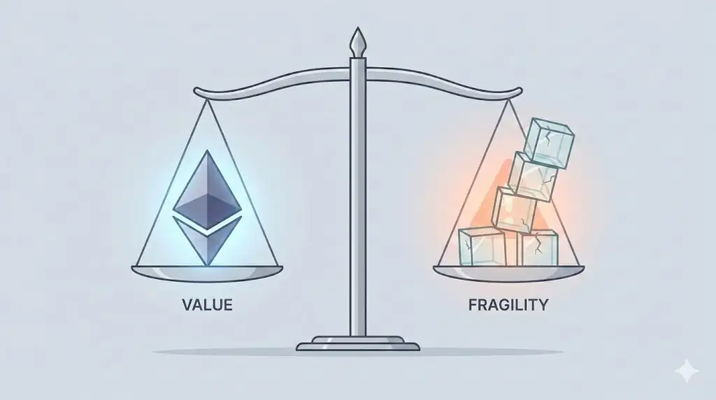 A conceptual scale balancing a solid, glowing Ethereum logo against a precarious stack of glass blocks representing leverage.