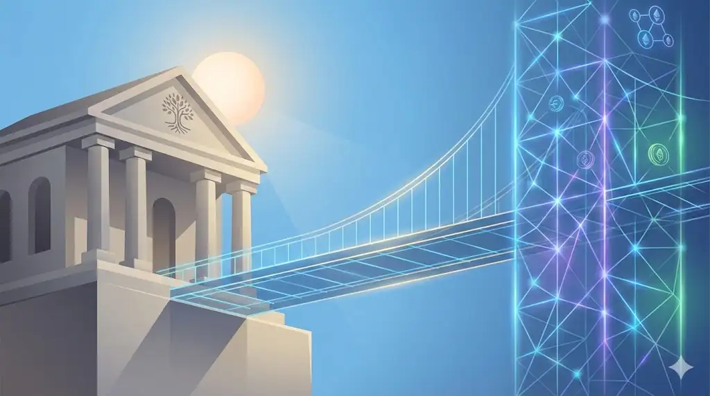 A header image showing a bridge connecting traditional finance (a 401k document icon) to a digital crypto landscape under a bright morning sun.