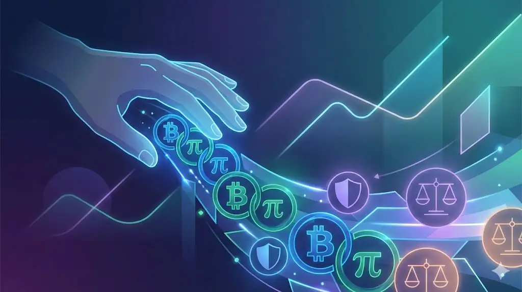 A symbolic scene of a hand navigating a complex digital landscape of glowing crypto symbols and regulatory emblems against a backdrop of gentle trend lines.