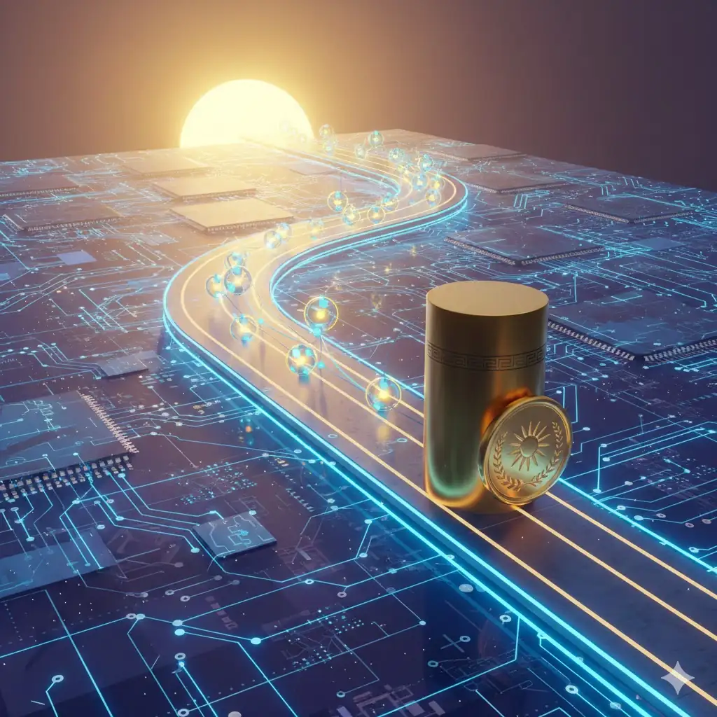 A header image showing a glowing digital path splitting into two directions: one ascending toward bright neon symbols and the other remaining grounded by a solid gold monument representing economic policy.