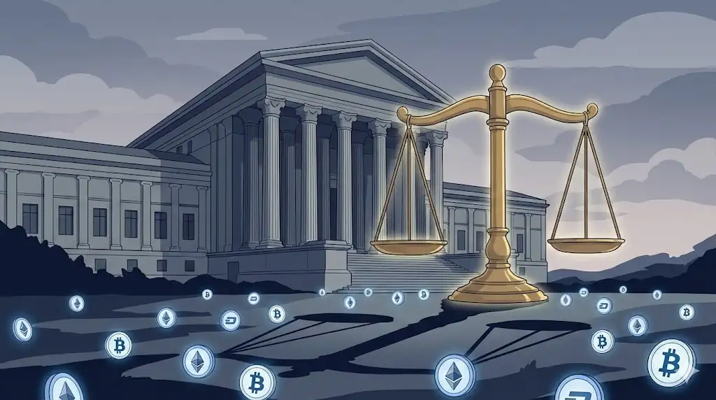 A grand, imposing classical stone building casting a long, steady shadow over a sea of small, floating digital coins, symbolizing the weight of monetary policy.