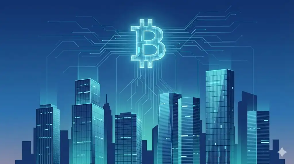 A professional header showing the integration of crypto into the global financial skyline.