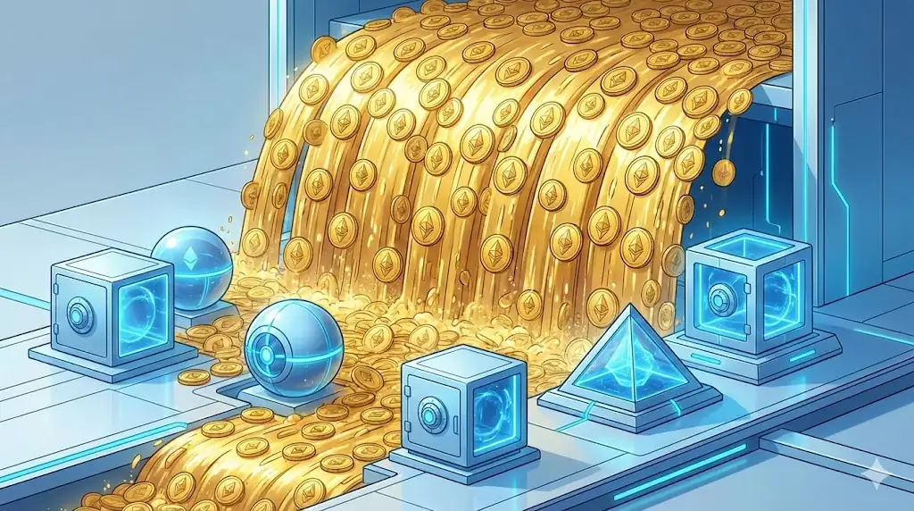 A conceptual illustration showing a vast flow of Ethereum coins being channeled into multiple secure digital vaults, representing large-scale institutional accumulation.