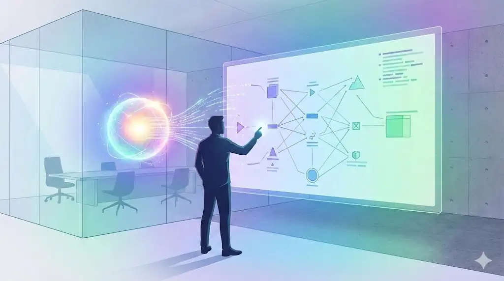 Stylized scene of a human collaborating with AI on complex system design.