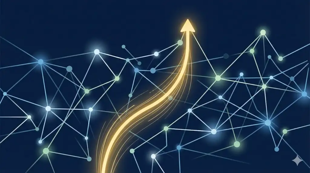 Abstract visualization of navigating economic data towards a clear growth path.