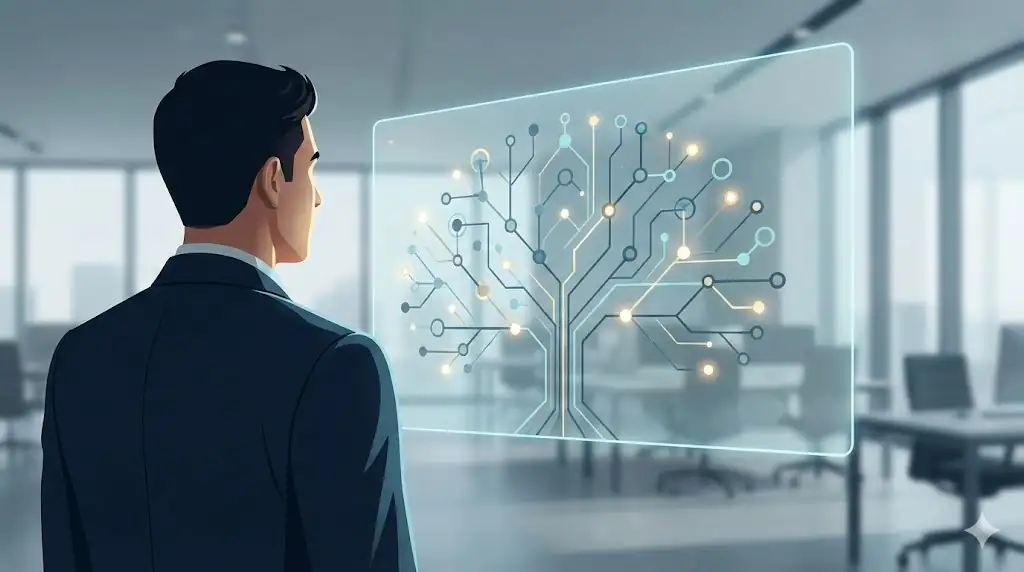 A professional utilizing an advanced AI interface with a holographic display, symbolizing mastery and adaptation in the future workplace.