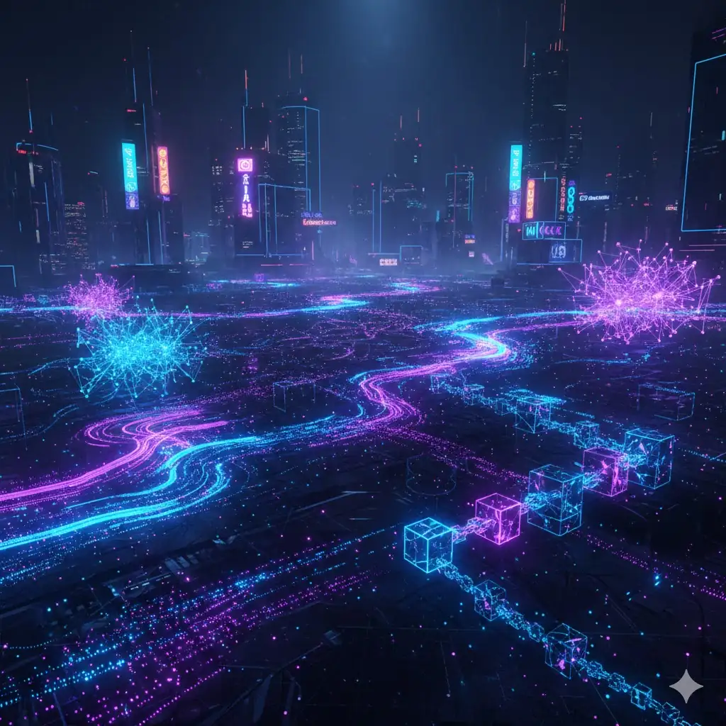 A futuristic visualization of AI and cryptocurrency markets converging