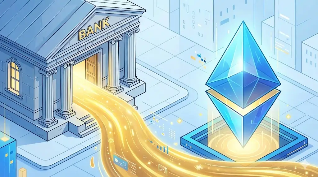 A visual representation of massive institutional capital flowing into Ethereum, showing a bridge between a traditional stone bank and a digital Ethereum prism.