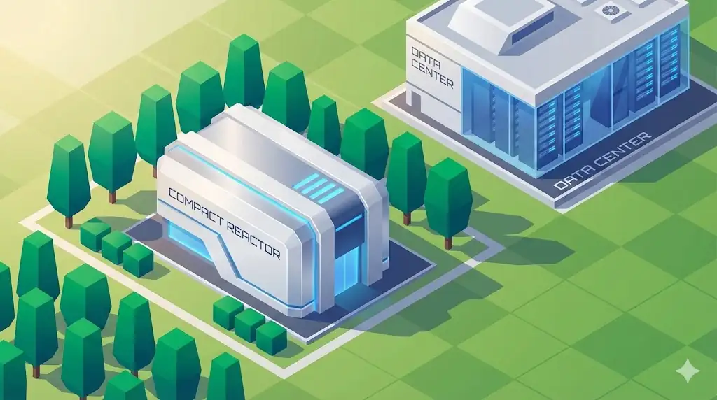 A stylized isometric view of the Oklo Aurora compact reactor, appearing like a sleek modern office building in a green park environment.