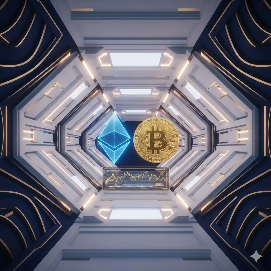 A high-tech digital vault containing glowing Ethereum and Bitcoin symbols, representing institutional-grade security.