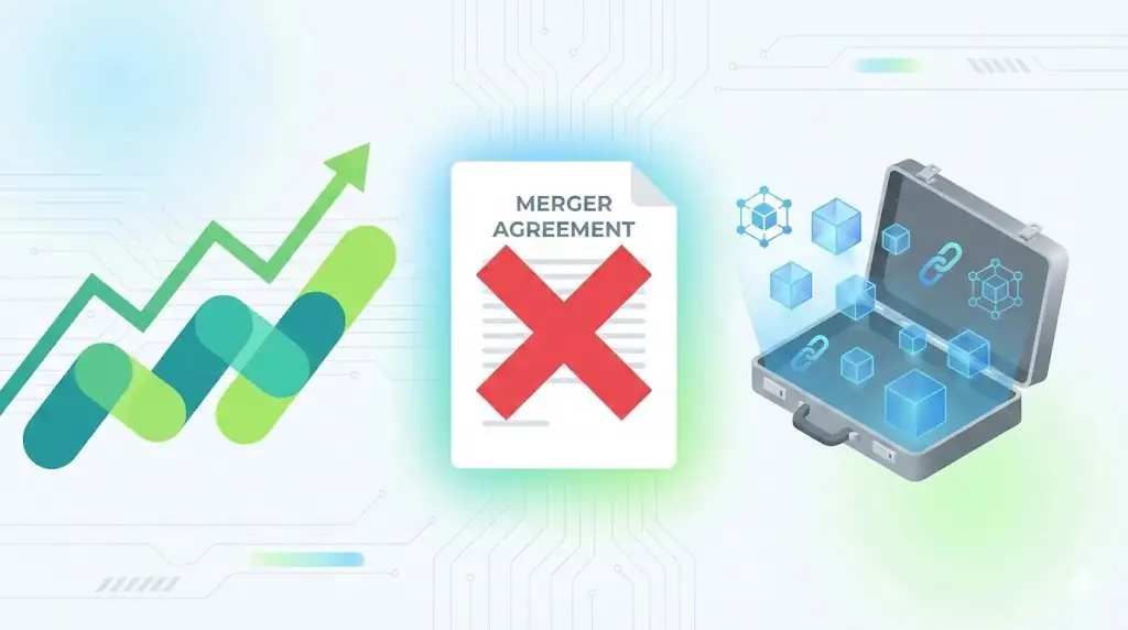 A composite visual representing the three core market developments: pharmaceutical growth, a rejected merger, and a digital asset pivot.