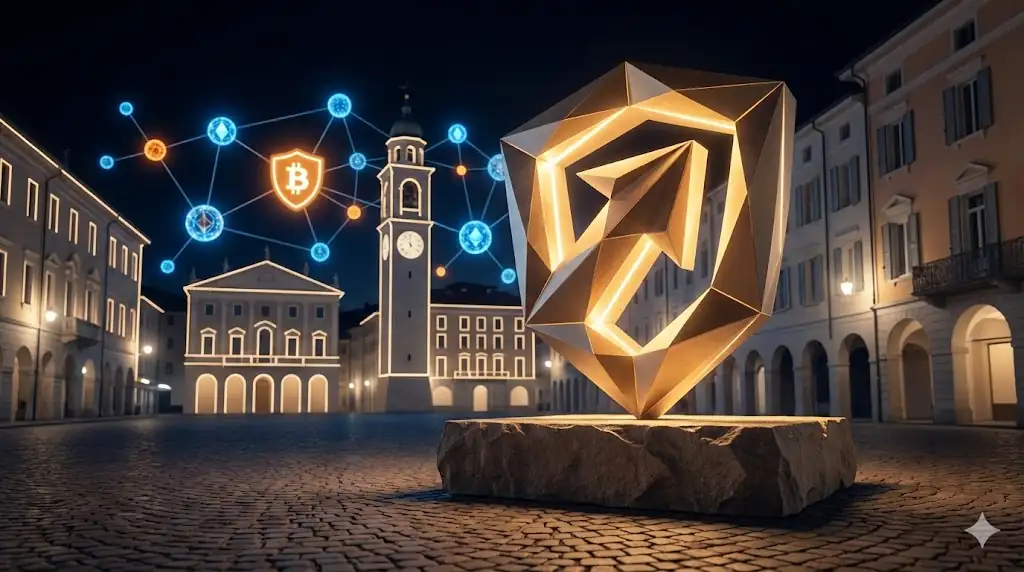 Stylized depiction of a resilient crypto monument in a supportive cityscape.