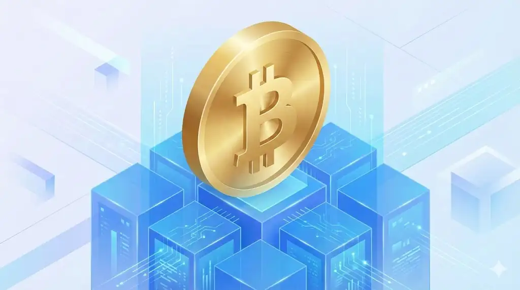 A massive golden Bitcoin coin standing firmly on a base of interlocking translucent blue digital blocks, looking towards a bright horizon.