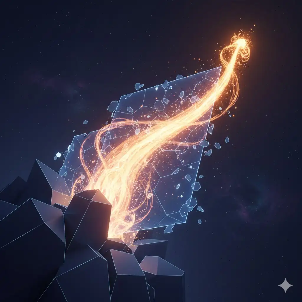 A conceptual visualization of a glowing stream breaking upward, reinforced by larger shapes below, symbolizing a price breakout supported by whale accumulation.