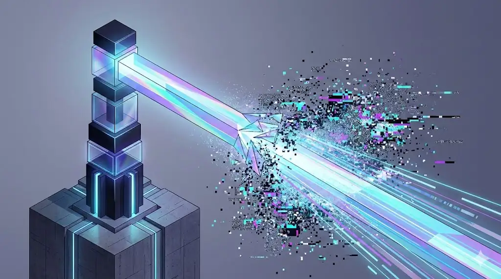 A futuristic beacon emitting structured light to clear away digital chaos, symbolizing regulatory guidance.