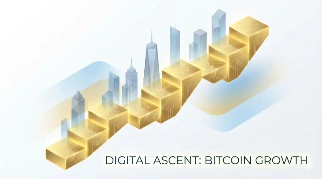 Conceptual art of growth: a rising line of Bitcoin blocks integrating corporate towers, symbolizing treasury strategy success.