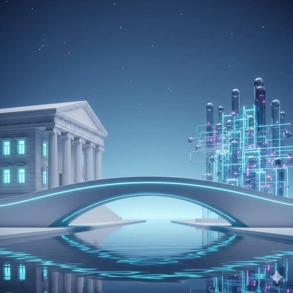 A bridge symbolizing the secure connection between traditional banking and the crypto ecosystem.