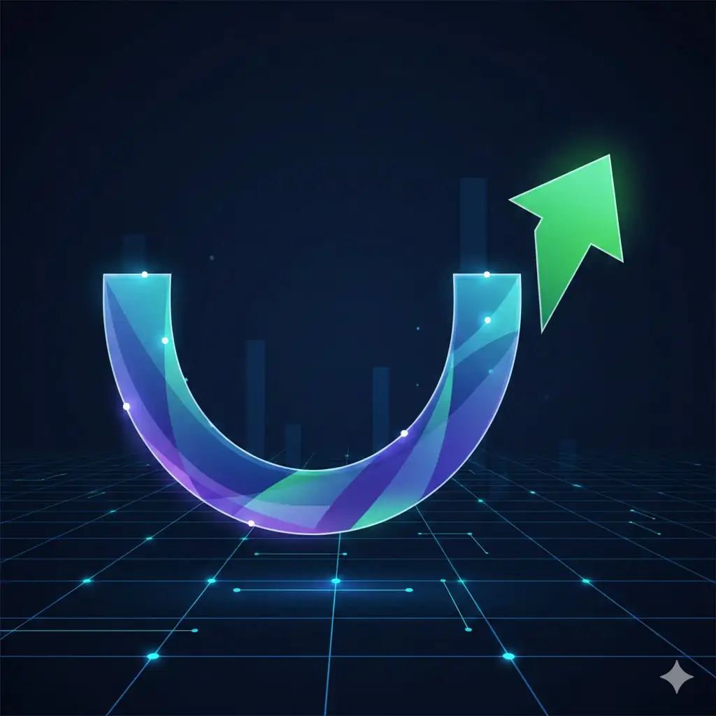 A stylized technical chart showing a glowing 'cup and handle' formation with an upward breakout arrow.