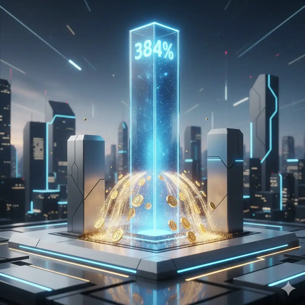 An abstract visualization comparing XRP's standout annual performance growth to other major cryptocurrencies, with a theme of institutional inflow.