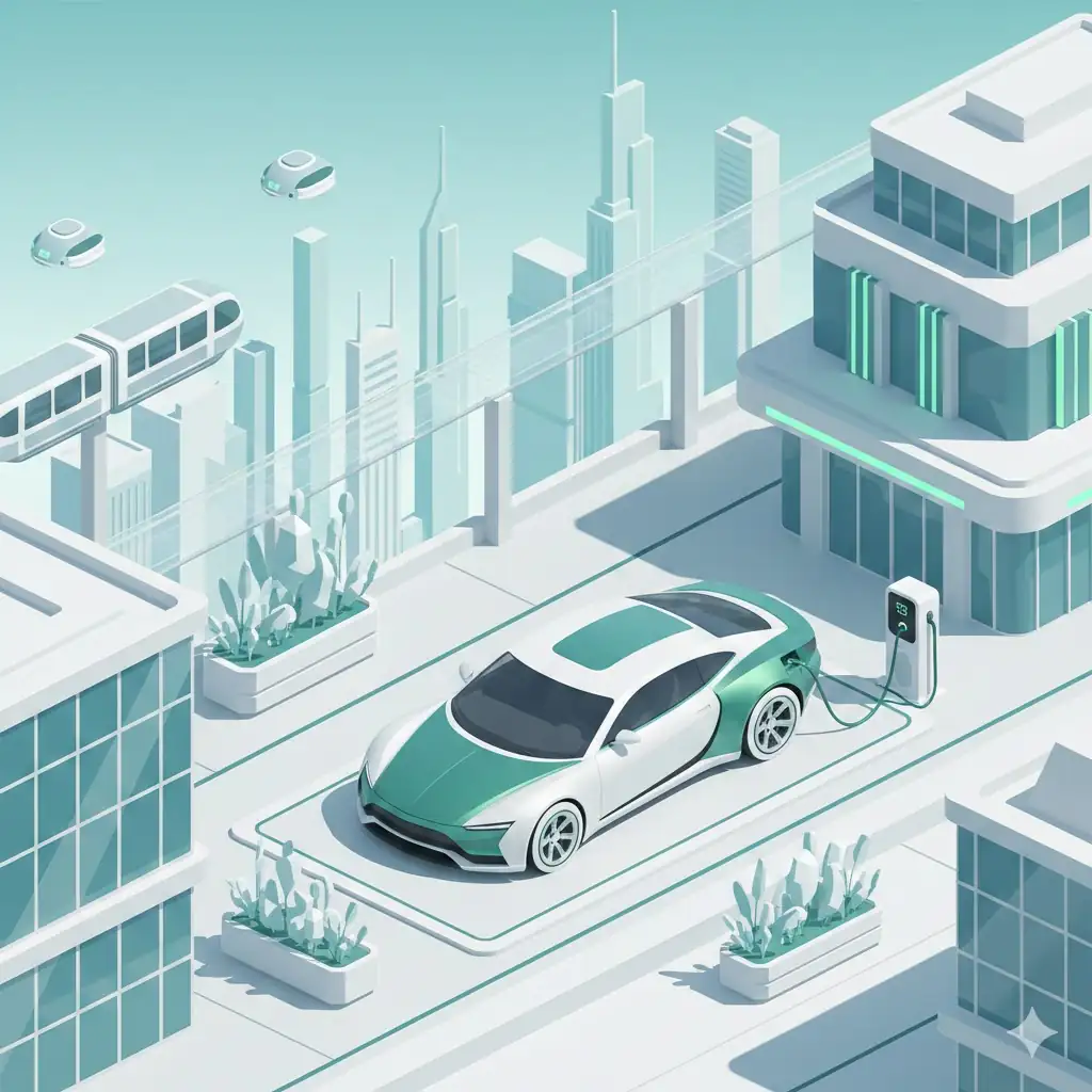 A sleek, premium electric vehicle charging at a futuristic, minimalist station in a clean, modern city setting.