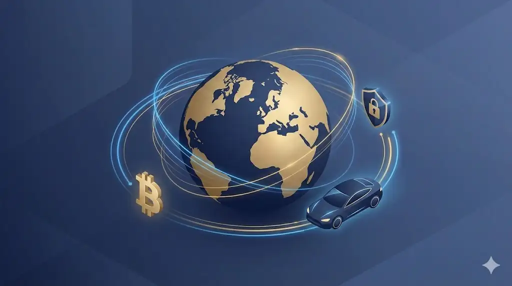 A conceptual header image showing a stylized globe connected to symbols of cryptocurrency, electric vehicles, and financial regulation.