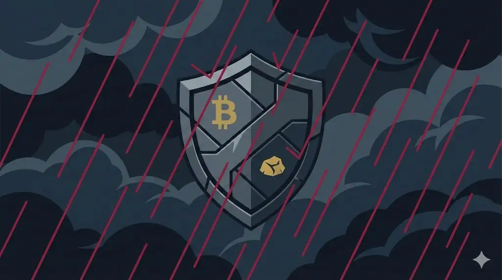 A sturdy metallic shield with subtle Bitcoin and Gold etchings, standing firm against heavy red rain and storm clouds. Art style: Clean Digital Art. minimalist, geometric, vector style, sharp edges, high contrast, sophisticated. --ar 16:9