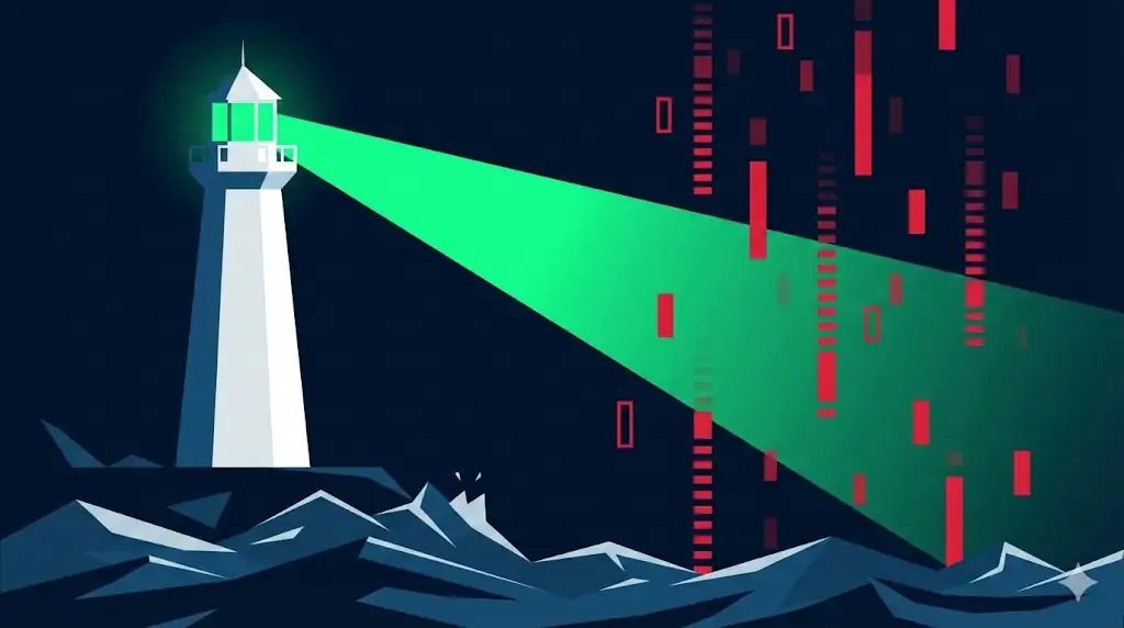 A minimalist lighthouse illuminating a calm green path through a stormy dark blue sea filled with falling red digital bars. Art style: Clean Digital Art. minimalist, geometric, vector style, sharp edges, high contrast, sophisticated. --ar 16:9