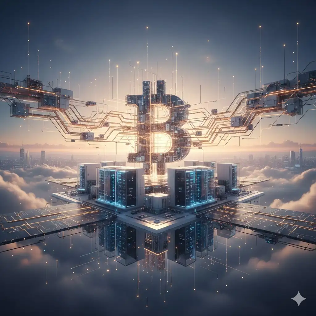 A panoramic hero image blending futuristic data centers with a digital gold Bitcoin lattice to represent the 2026 market shift.