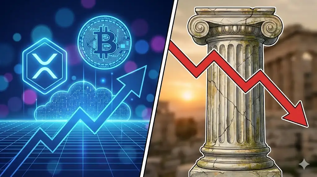 A professional conceptual illustration showing the rise of XRP/Bitcoin against the backdrop of traditional financial system instability.