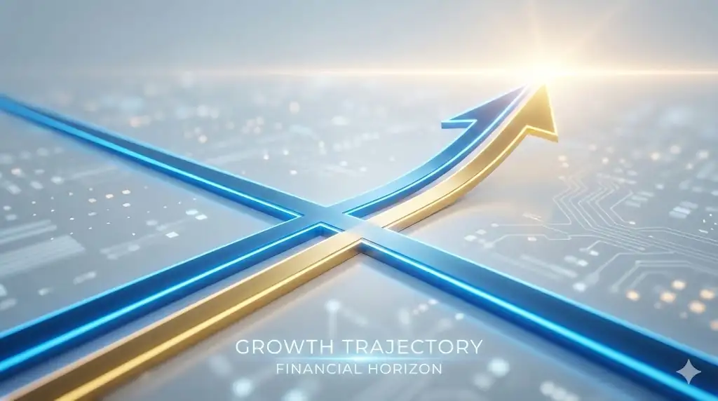 A stylized abstract visualization of a financial golden cross signal with glowing ascending lines.