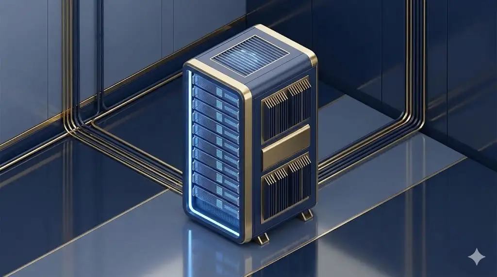 A close-up of a high-performance, premium server unit in a clean data center with blue glowing indicators.