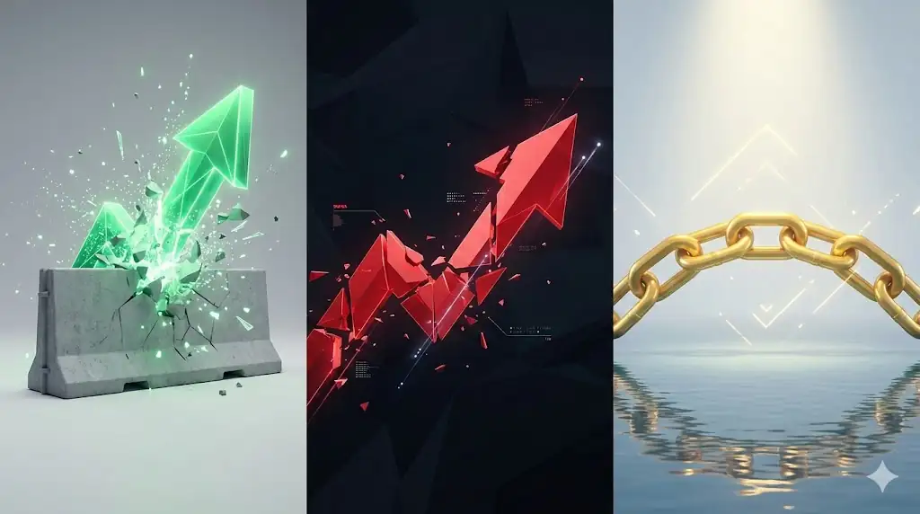 A conceptual header image showing three crypto market trends: breakout growth, sharp decline, and stable utility.