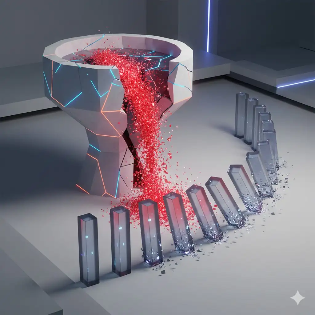 An abstract visualization of a liquidity pool draining, triggering a cascade of failures.