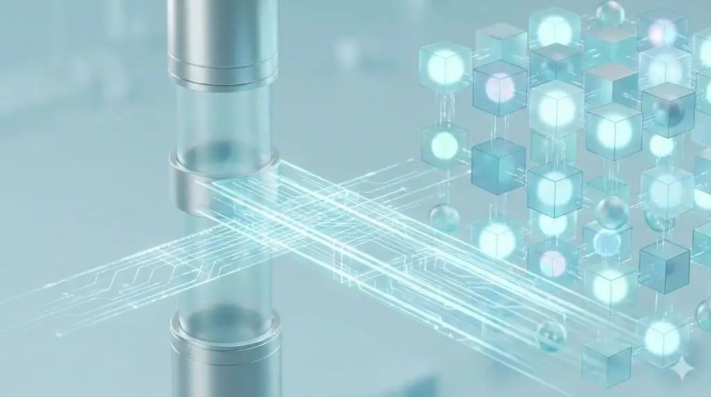 A conceptual digital bridge connecting a centralized pillar to a vast network of decentralized tokens, representing ease of access.