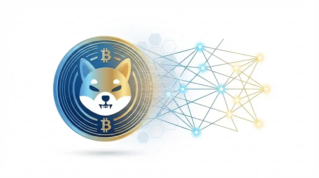 A sleek digital Shiba Inu emblem connected to a professional network grid, symbolizing the shift from meme to utility.