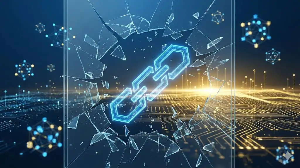 A glowing blue hexagonal chain link breaking through a semi-transparent grey ceiling into a bright golden sky, representing a market breakout.