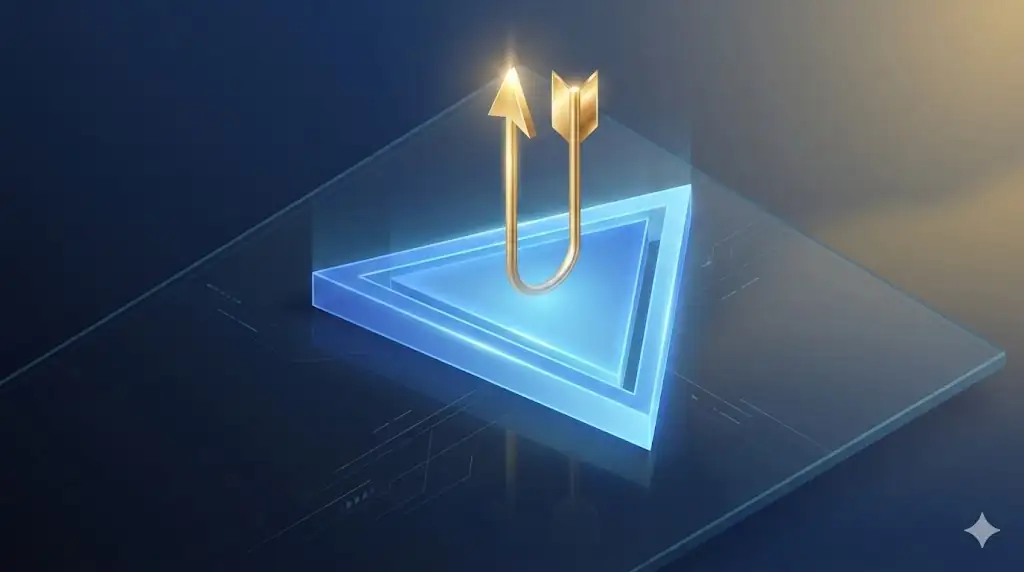 A stylized 3D blue glowing symmetrical triangle on a reflective surface, with a bright gold arrow pointing upward from the tip.