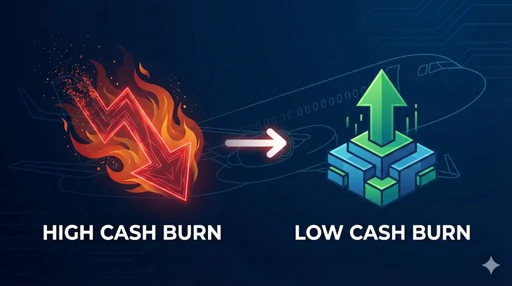 A conceptual infographic-style image showing the reduction of cash burn, from a large red downward arrow to a small green upward arrow, with a stylized airplane silhouette in the background.