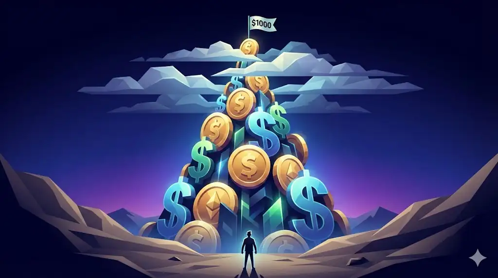 A towering mountain made of gold coins and dollar signs, reaching into clouds with a '$1000' flag at its peak. A tiny figure looks up from the base.