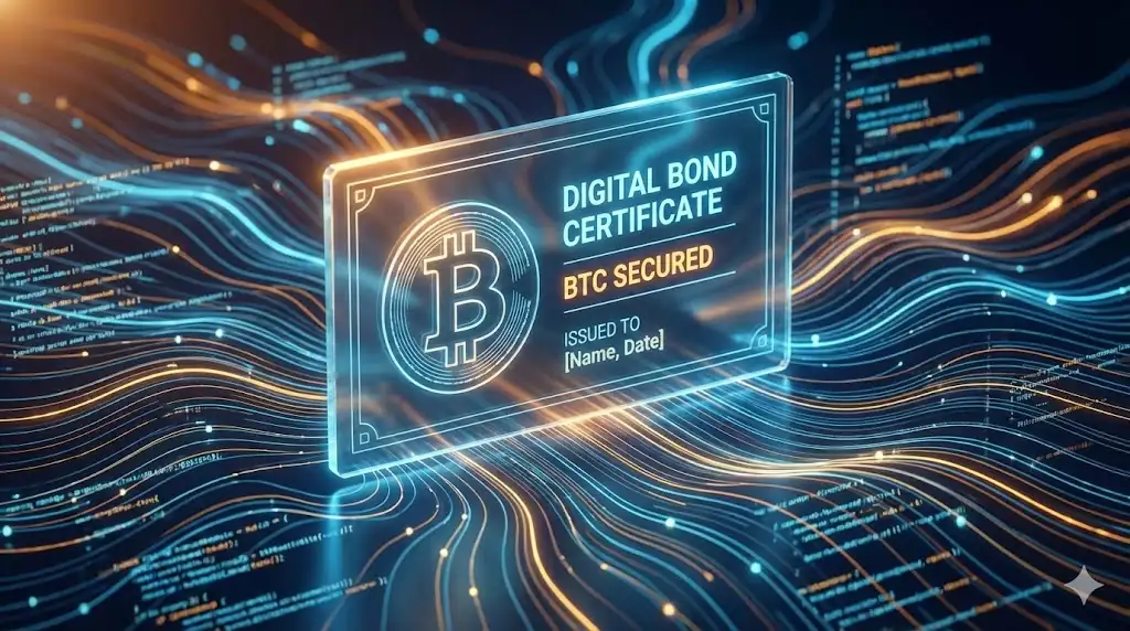 A conceptual digital bond certificate glowing with data streams and a Bitcoin symbol, symbolizing innovative crypto-finance instruments.