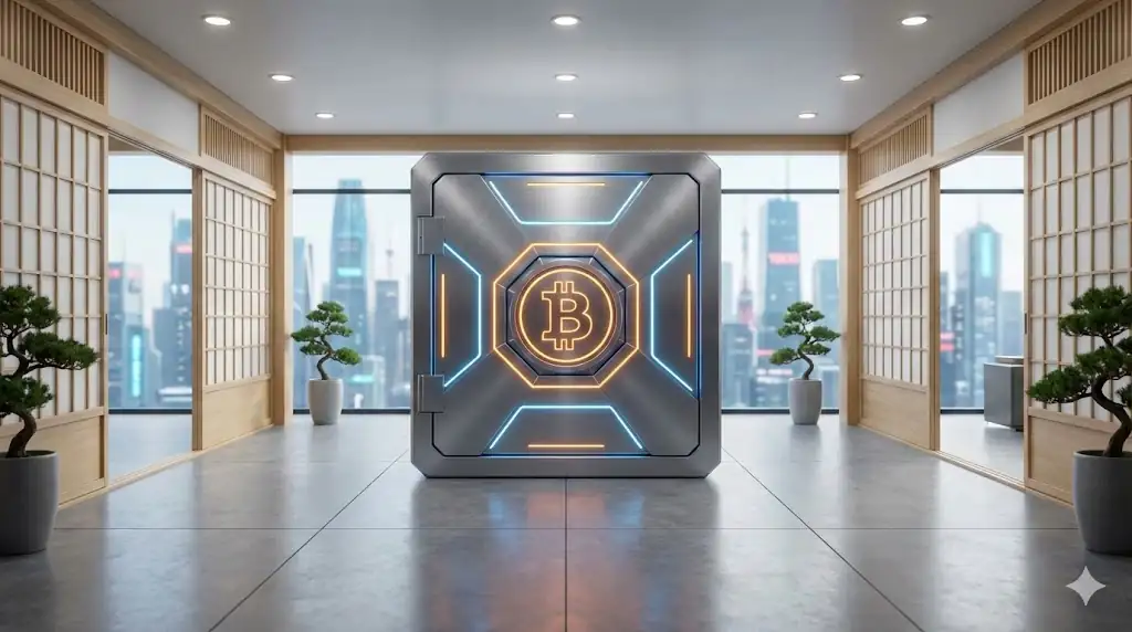 A minimalist digital illustration of a high-tech corporate vault door featuring a Bitcoin symbol, representing secure treasury management.